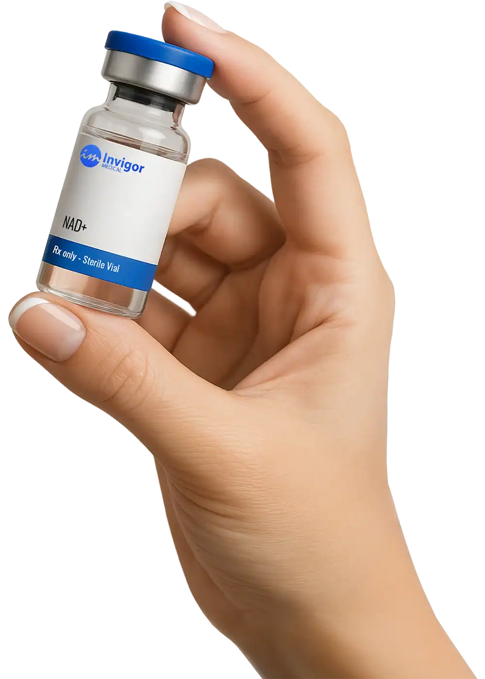 A hand holding a vial of NAD+